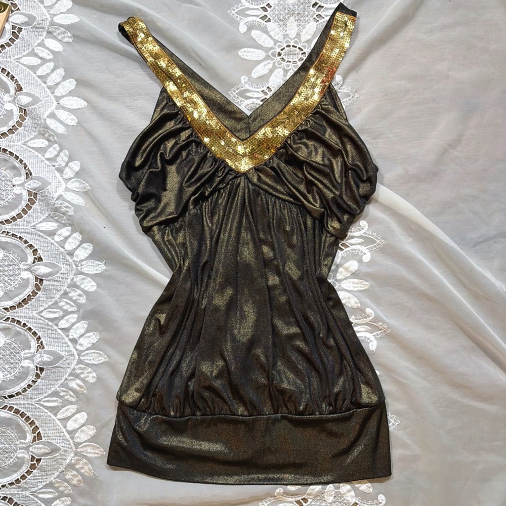 Y2K Club Babydoll Gold Black Metallic Sequin V-Neck Empire Waist Tank Top L